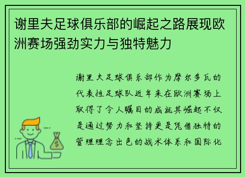 谢里夫足球俱乐部的崛起之路展现欧洲赛场强劲实力与独特魅力 谢里夫足球俱乐部的崛起之路展现欧洲赛场强劲实力与独特魅力