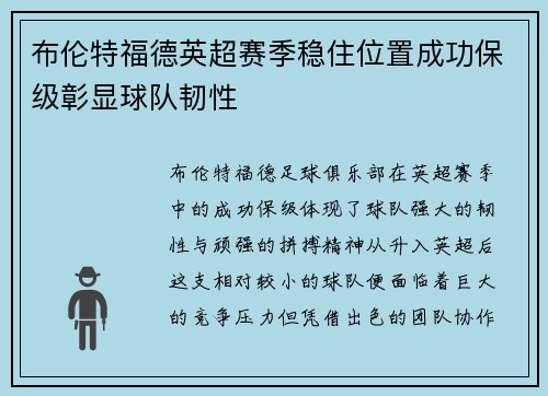 布伦特福德英超赛季稳住位置成功保级彰显球队韧性