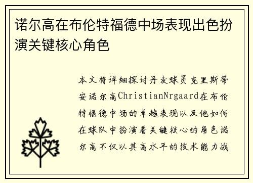 诺尔高在布伦特福德中场表现出色扮演关键核心角色