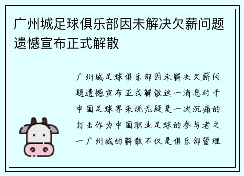 广州城足球俱乐部因未解决欠薪问题遗憾宣布正式解散
